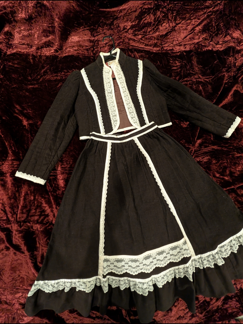 Gunne Sax By Jessica McClintock Brown Corduroy Lace Lined Jacket Skirt Matching